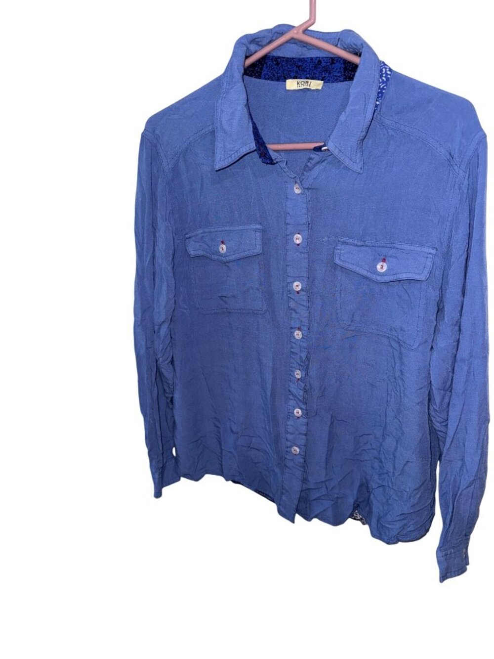 Kori America Blue Button-Up Shirt With Patterned Back Size L 100% Cotton Casual
